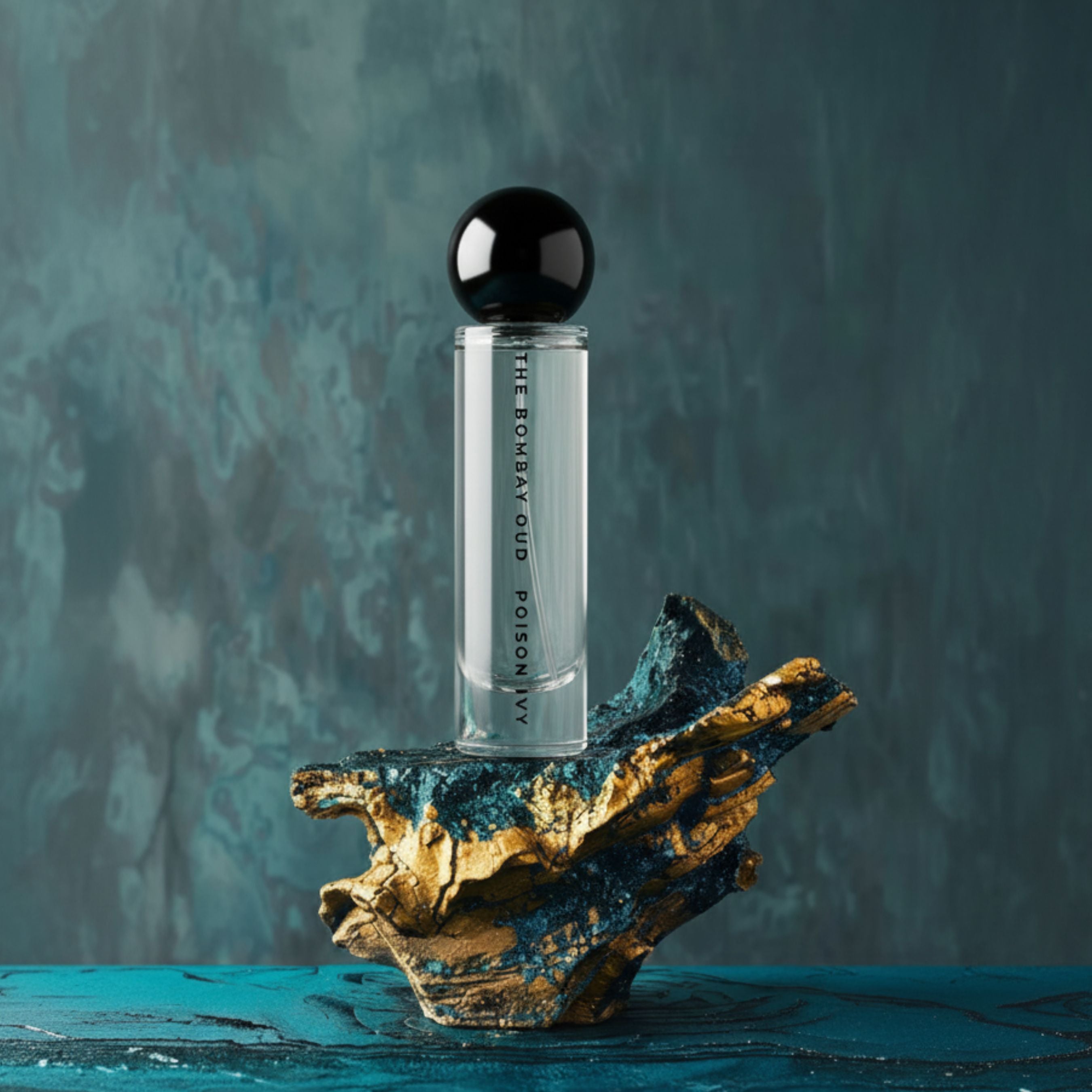 POISON IVY 60ml perfume displayed on a sculpted gold and teal pedestal, emphasizing its artistic and hypnotic oud and floral composition.