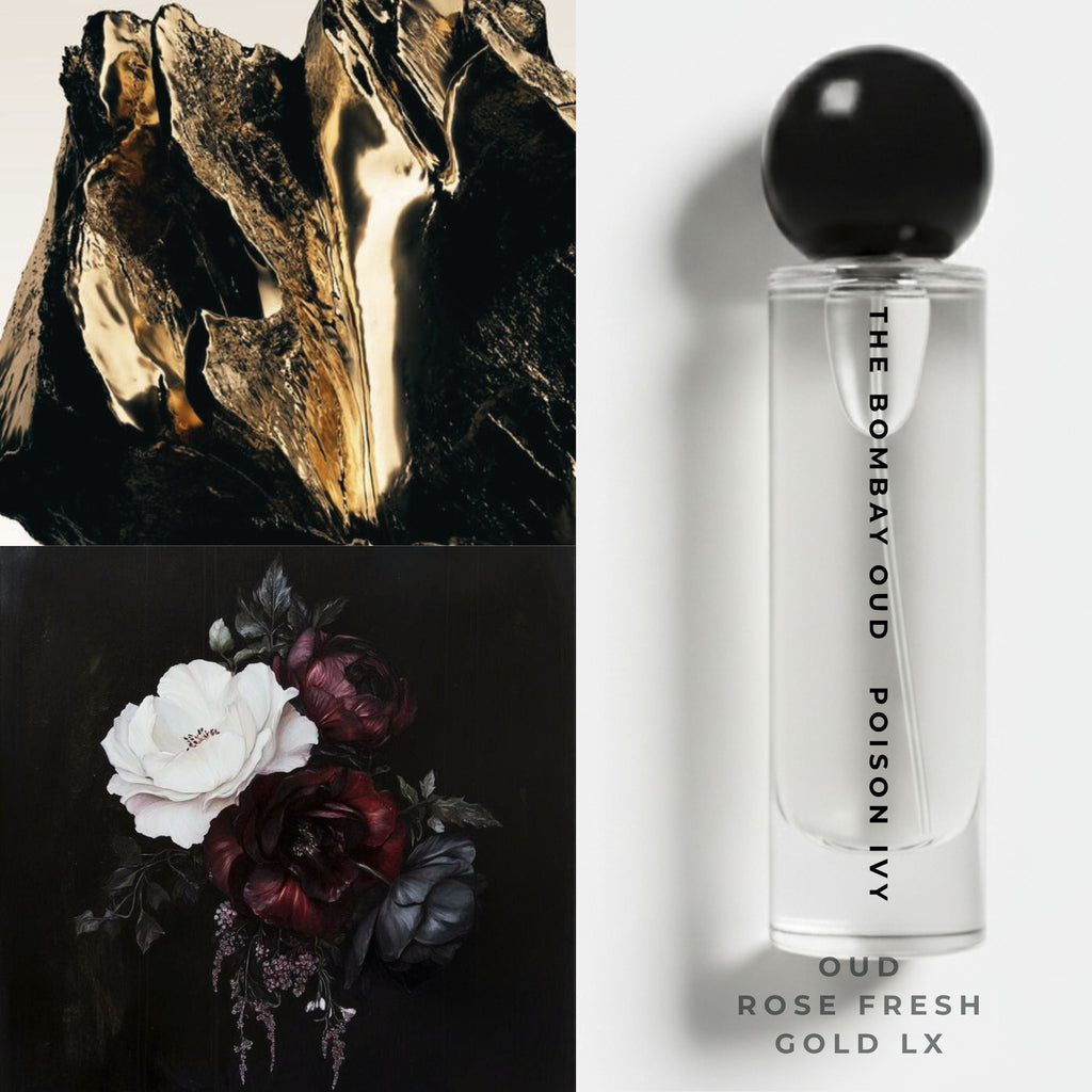 POISON IVY 60ml Eau de Parfum with floral and oud imagery, highlighting its rose, jasmine, and gold-rich scent profile for premium fragrance shoppers.