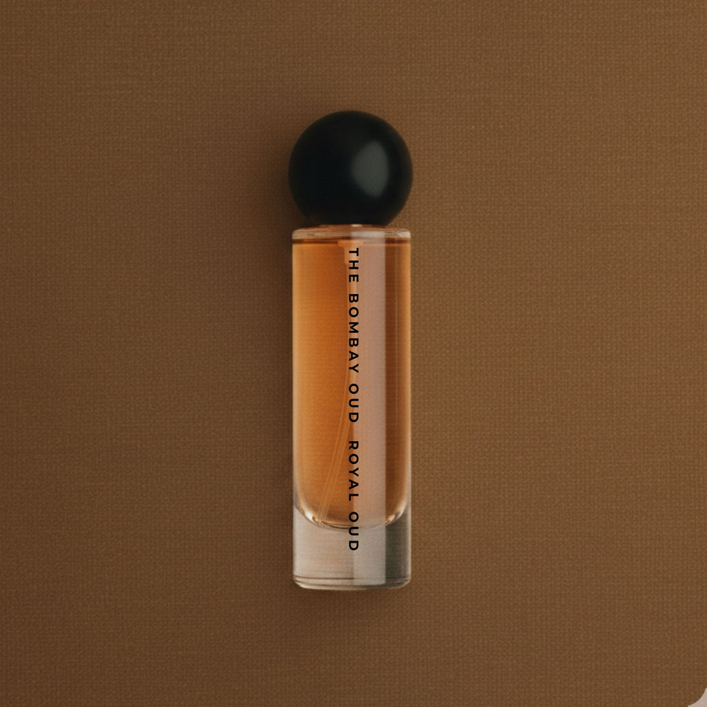 Royal Oud 60ml fragrance bottle on a brown textured background, emphasizing its elegant and refined aesthetic.