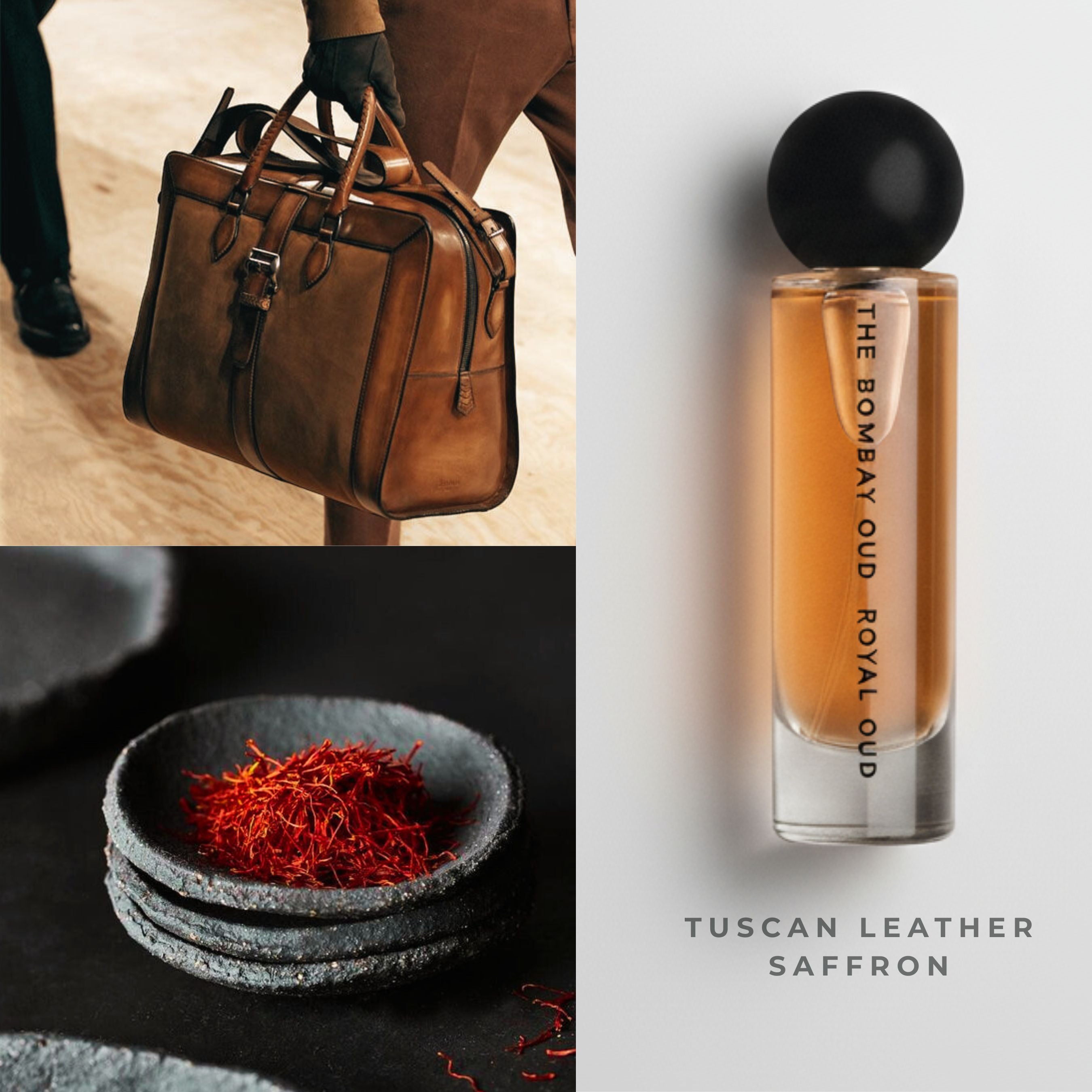 Royal Oud 60ml perfume with saffron and leather visuals, showcasing key notes and luxury lifestyle appeal in the eau de parfum category.