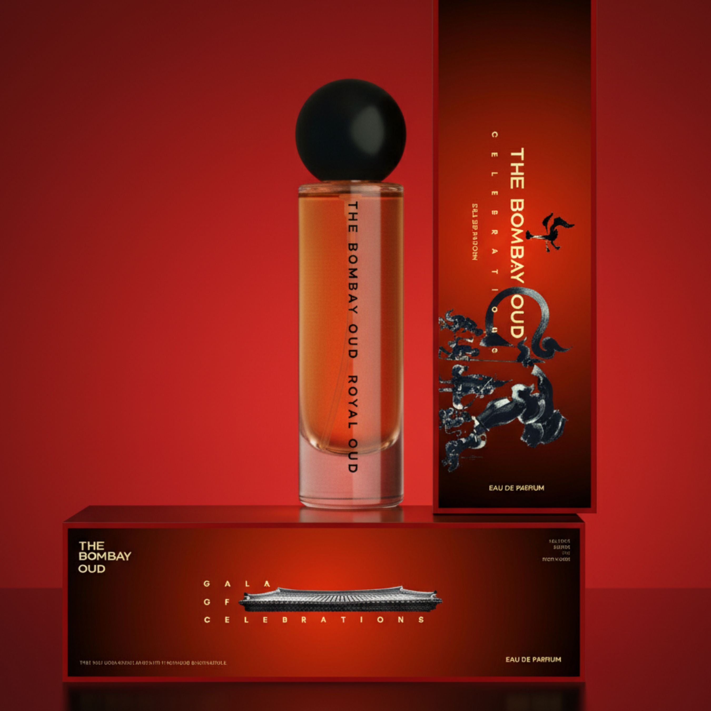 Royal Oud 60ml eau de parfum with premium red packaging, part of the Gala of Celebrations collection by The Bombay Oud.