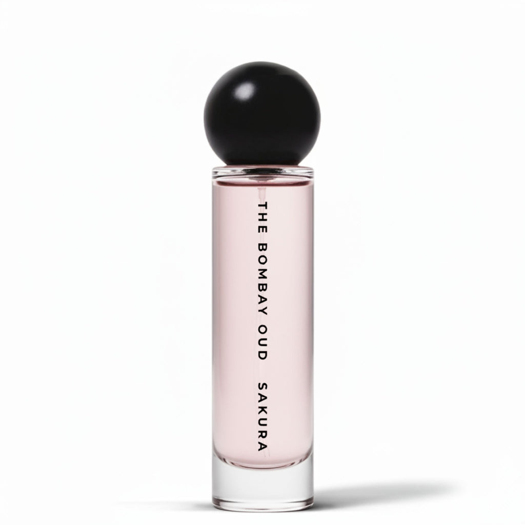 sakura 60ml eau de parfum in a sleek, minimalist glass bottle with black spherical cap, perfect for elegant personal care collections.